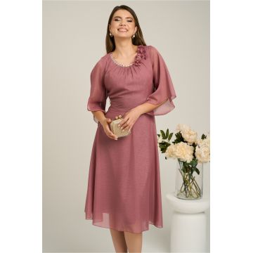Rochie Viada eleganta din voal roz cu fir lurex cu flori la decolteu