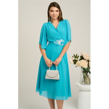 Rochie Viada eleganta din voal turcoaz cu broderie in talie