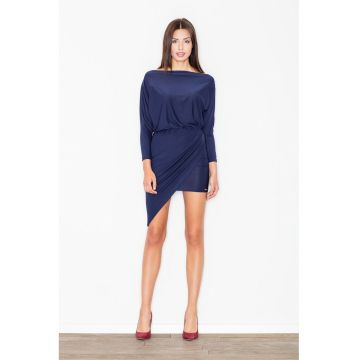 Rochie asimetrica  bleumarin - eleganta - cu maneci lungi - din poliester -