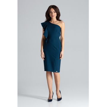 Rochie asimetrica  K488 - cu volane - albastru - poliester 100% -