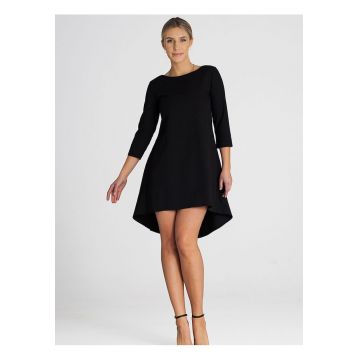Rochie  asimetrica - plisata - maneci 3/4 - spate prelungit - poliester-viscoza negru