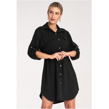 Rochie camasa dama -  neagra - maneca lunga - cu nasturi - 95% poliester - 5% elastan -