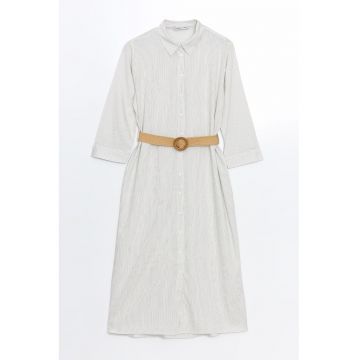 Rochie-camasa din amestec de in cu model in dungi si cordon in talie