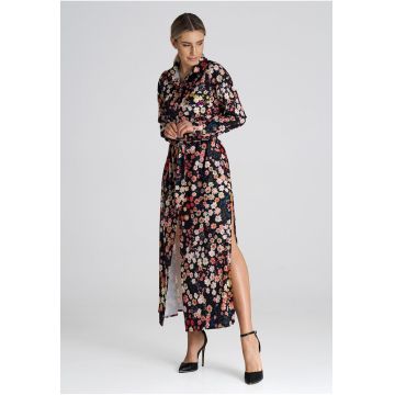 Rochie camasa maxi  guler floral - multicolor - poliester