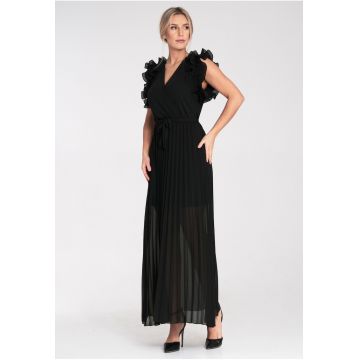 Rochie de seara maxi -  neagra - cu volane - poliester -