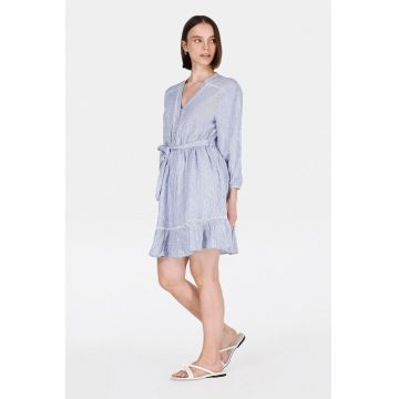 Rochie din amestec de in cu dungi si terminatii cu volane