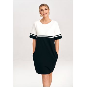Rochie din bumbac  M1028 - doua tonuri - maneci scurte - buzunare - alb/negru