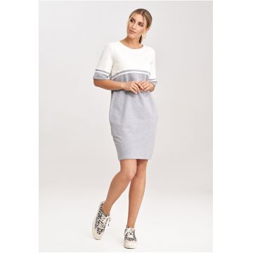 Rochie din bumbac  M1028 - gri cu accente ecru - mini - cu maneci scurte - cu buzunare