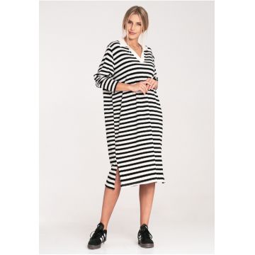 Rochie eleganta  alb-negru - cu guler - din tricot elastic - lungime pana la genunchi - viscoza/nylon -