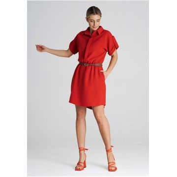 Rochie eleganta  M1001 - midi - rosie - cu curea - din poliester - viscoza si elastan -