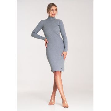 Rochie eleganta  M1042 - gri - tricotata - cu guler - din bumbac si elastan