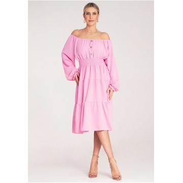 Rochie evazata -  cu volane - roz - poliester -