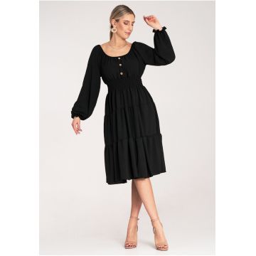 Rochie evazata  model cu volane - neagra - poliester -
