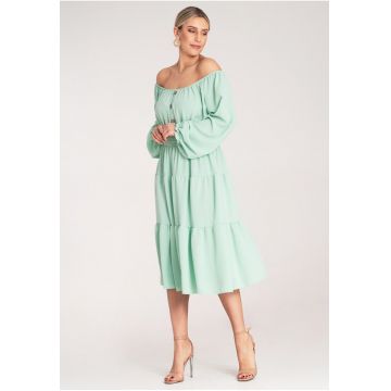 Rochie evazata -  verde - cu volane - poliester -