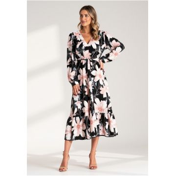 Rochie florala cu volane -  neagra - 100% poliester -