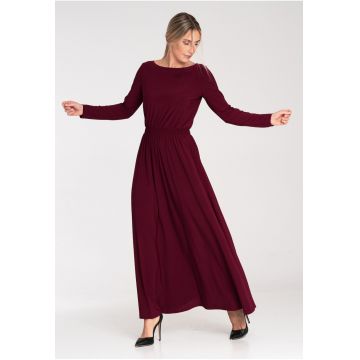 Rochie lunga  bordeaux - cu maneci lungi - talie elastica - poliester