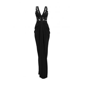 Rochie lunga de seara cu fusta drapata si broderii Alegria