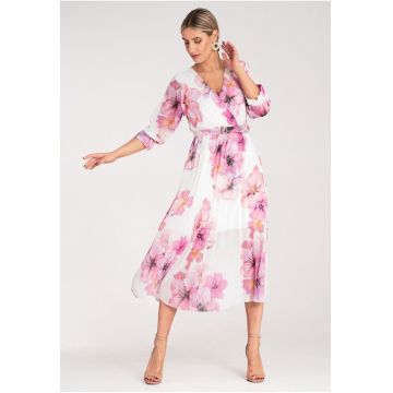 Rochie lunga -  florala - alba - plisata - poliester -