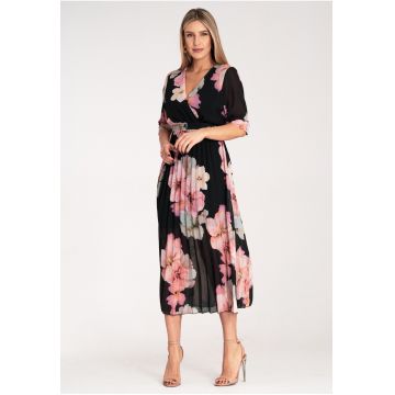 Rochie lunga -  florala - neagra - plisata - poliester -