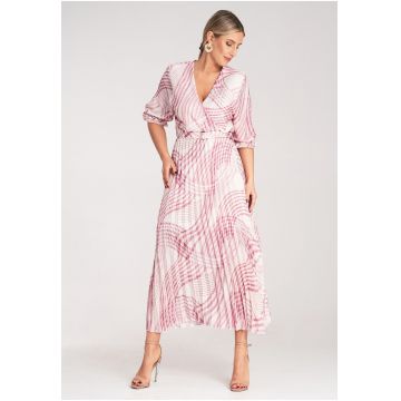 Rochie lunga  imprimeu floral - roz - alb - cu volan - poliester -