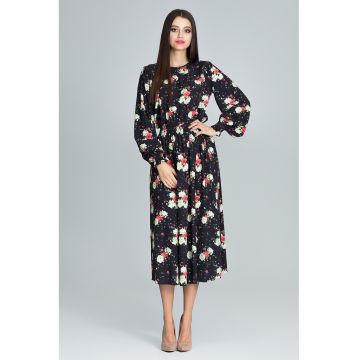 Rochie lunga  M600 - florala - neagra - din poliester - cu maneci lungi -