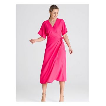 Rochie  maneci kimono - cravata in talie - poliester - roz - poliester