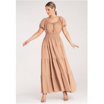 Rochie maxi  bej - cu volane - poliester - pentru vara -