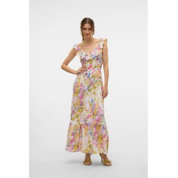 Rochie maxi cu model floral si decupaj pe partea din spate