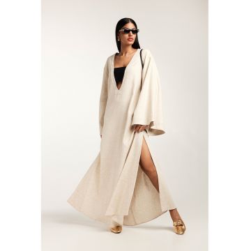 Rochie maxi din amestec de in cu maneci clopot si decolteu adanc in V