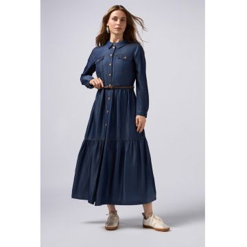 Rochie maxi din lyocell cu buzunare cu clapa pe piept