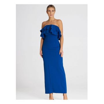 Rochie maxi  eleganta - volane duble - albastru - elastan - poliester - viscoza