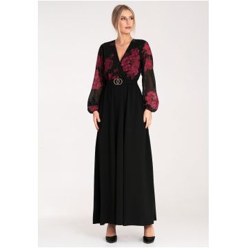 Rochie maxi  neagra cu flori rosii - din poliester - cu maneci lungi -