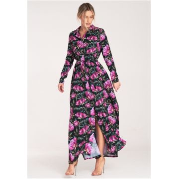 Rochie maxi -  negru floral - cu nasturi - poliester