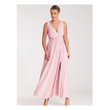 Rochie maxi  roz - decolteu in V - decupat in talie - elastan 5% - poliester 95%
