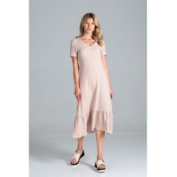 Rochie midi  bej din bumbac cu volane si maneci scurte -
