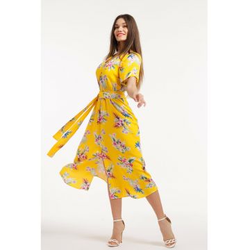 Rochie midi cu croiala evazata si cordon in talie