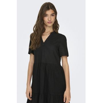Rochie midi din amestec de in - volane si decolteu in V