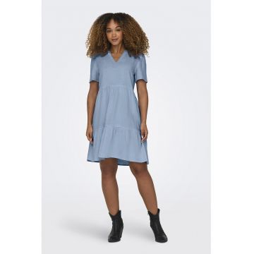 Rochie midi din amestec de in - volane si decolteu in V