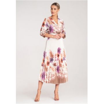 Rochie midi  florala - alba cu curea - satin - eleganta - pentru ocazii speciale -