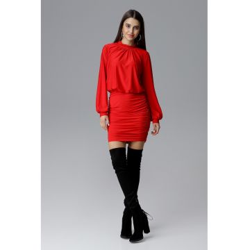 Rochie mini  M635 rosie cu volane - maneci lungi - poliester si elastan -
