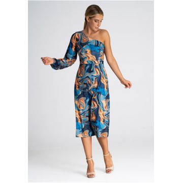 Rochie  model abstract - cu un singur umar - cu maneci lungi - multicolor - poliester