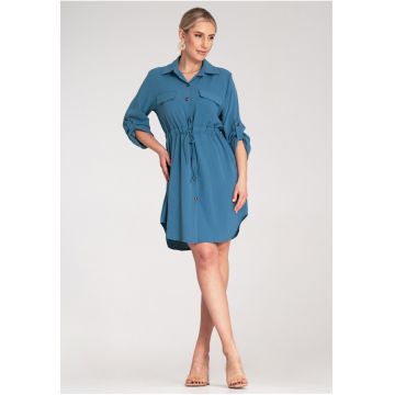Rochie tip camasa -  albastra - poliester - maneci reglabile -