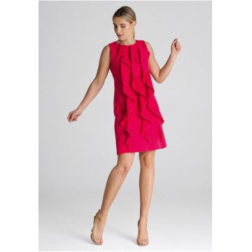 Rochie trapez  M1002 - rosu - cu volane - 65% poliester - 35% viscoza