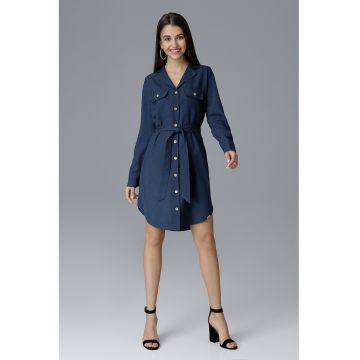 Rochie -  bleumarin - cu centura - cu nasturi - poliester