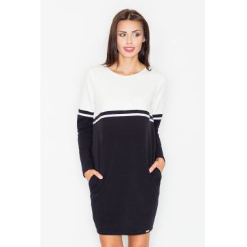 Rochie  bumbac - alb-negru - cu buzunare