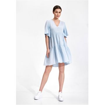 Rochie  bumbac - cu volane - albastru deschis -