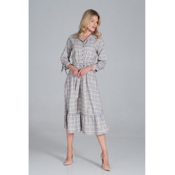 Rochie camasa  M840 Tipar 121 - cu curea - croi evazat - bej - poliester 100%