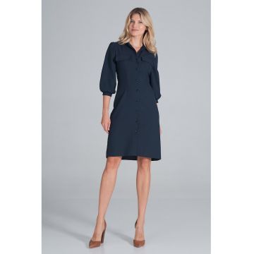 Rochie -  camasa - maneci bufante 3/4 - albastru - poliester