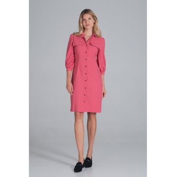 Rochie camasa  maneci bufante 3/4 - culoare coral - poliester