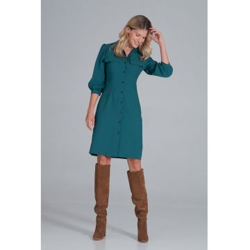 Rochie -  camasa - maneci bufante 3/4 - verde - poliester